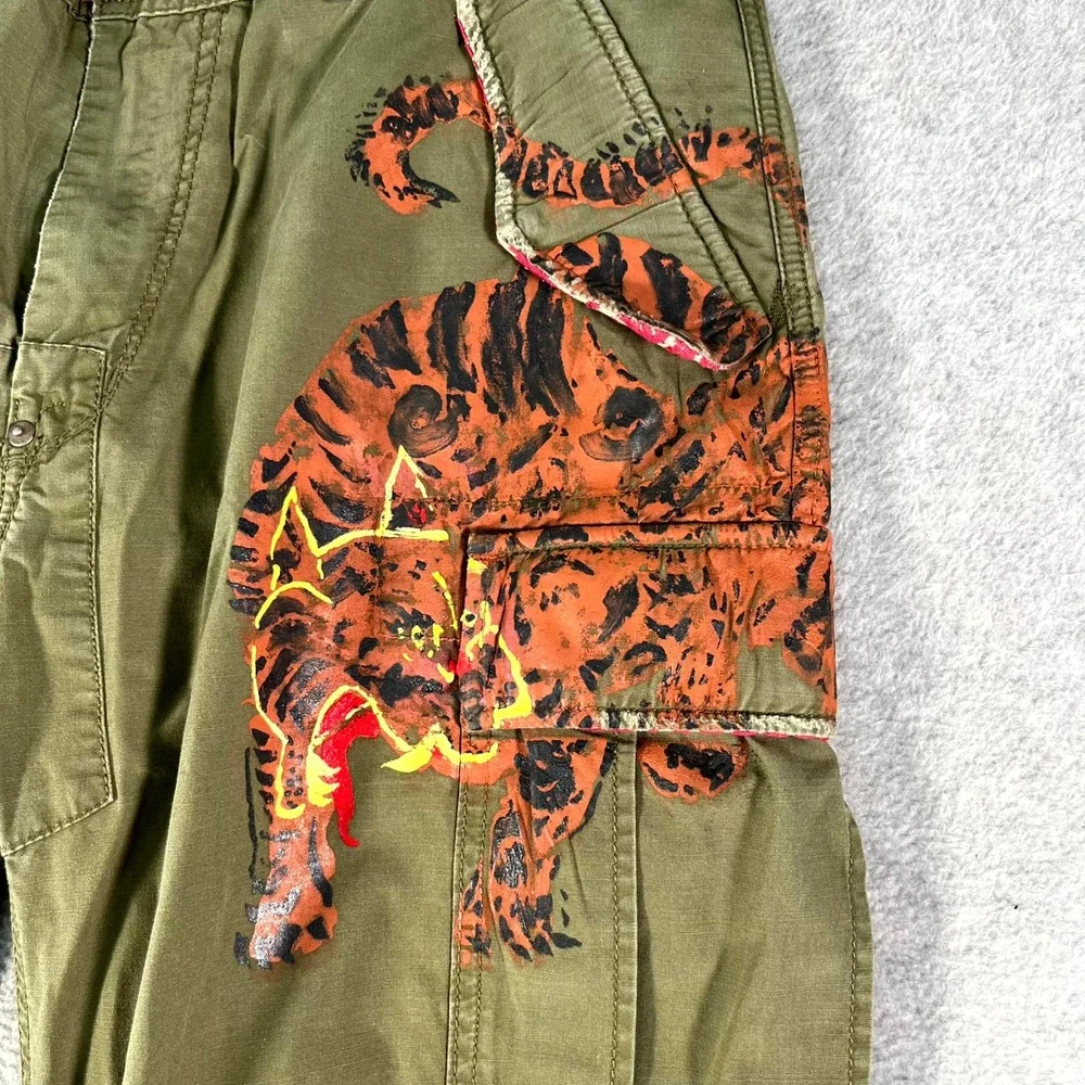 Vintage Polo Ralph Lauren Mens Cargo Pants Hand Painted Tiger Japanese Kanji
